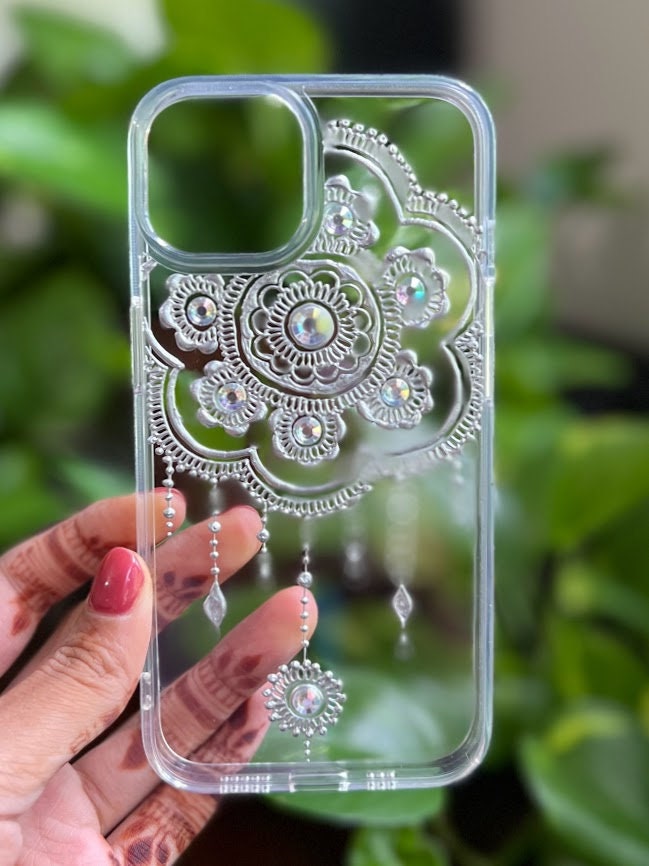 Henna Decorated Phone Case With Resin Coating Silver Dreamcatcher Customizable With Rhinestone