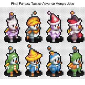 May include: Eight different Moogle characters from the Final Fantasy Tactics Advance video game. Each Moogle is wearing a different job class costume, including a white mage, a black mage, a time mage, a knight, a thief, a archer, a chemist, and a dancer.