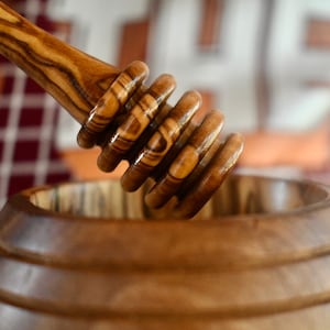 Handmade Olive Wood Honey Jar with Dipper: Rustic Kitchen Decor