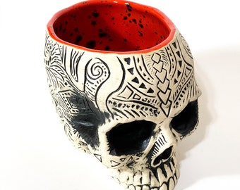 Shrunken Skull Tiki Mug - handmade, ceramic, "Brimstone and Fire"