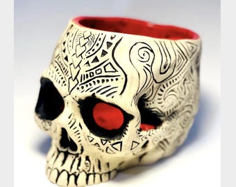 Shrunken Skull Tiki VOTIVE - handmade, ceramic, "Brimstone and Fire" (NOT a mug)