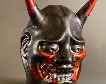 Handmade Hannya Demon Tiki Mug – Japanese Yokai Cocktail Vessel – 16 oz Ceramic Barware – Seppuku Black