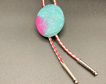 Glitter Bolo Tie Aqua Fuchsia Epoxy Resin Large Oval Red & White Braided Vegan Cord Silver Tips