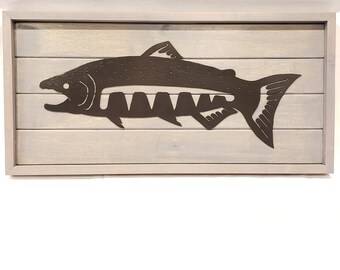 Framed Salmon Wall Art. Hand Made Wood Metal 20" Salmon, Metal wall art, Fish Sculpture, Chinook, Trout, Fishing, Metal Art, Salmon art.