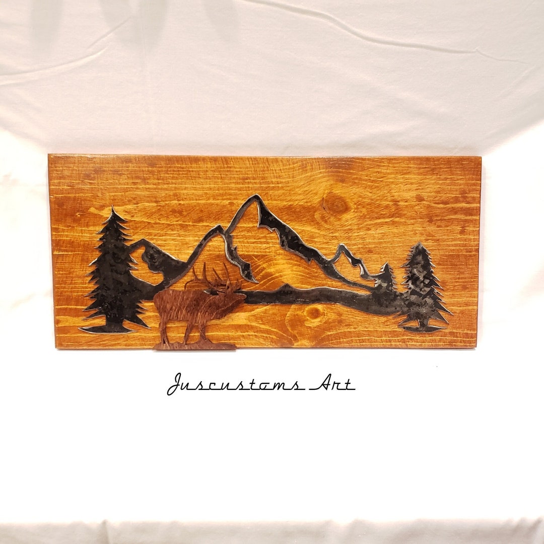 Mountain Range/elk Wall Hanging. Reclaimed Wood, Pine Tree, Metal Art