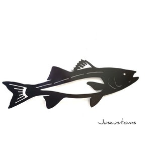 Striped Bass Wall Art 20&quot; & 30&quot; Hand Made Metal Sign, Metal wall art, Fish Sculpture, Metal Fish, Fishing, Bass, Striper, Rock Fish.