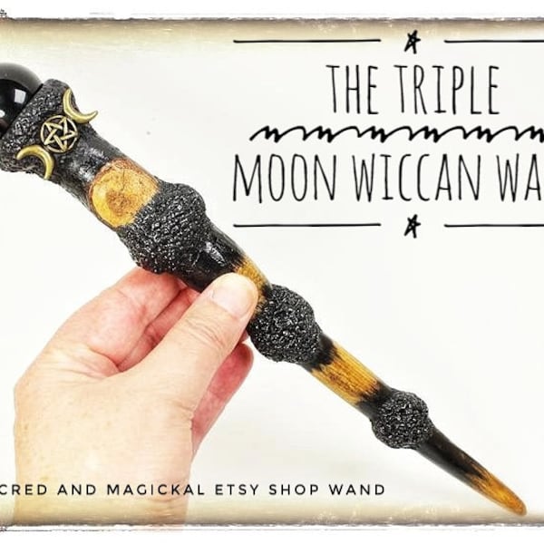 Witches magic wand, Triple moon wiccan wand, Obsidian crystal , wiccan druid pagan goddess wand, spiritual gift idea.