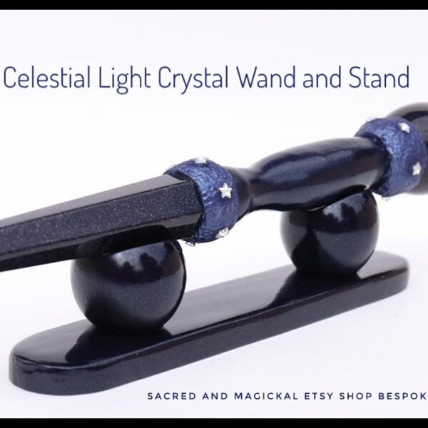 Celestial crystal wand and stand, handmade wand and stand, blue goldstone crystal wand, handmade crystal magic wand.