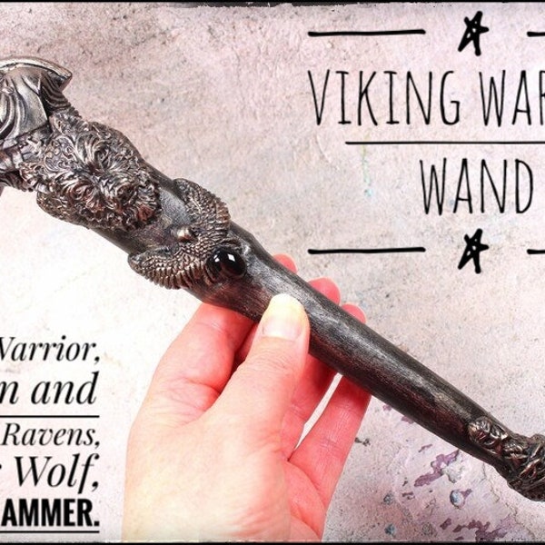 Viking warrior Wand, Huginn and Muninn Ravens, Fenrir Wolf and Thor's Hammer. handmade Viking wand.