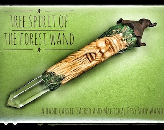 Tree spirit wand , magic wand, pagan wiccan druid  wand, hand carved wan, quartz crystal wand, spell wand.