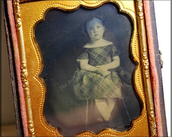 Double Glass Gold Color Pinchbeck Framed. Half Case 163 yr Old Darling Fashion Pose VICTORIAN AMBROTYPE Lady Full Big Dress Artist Tinted