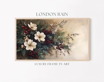 May include: A framed painting of a floral arrangement with white flowers and red berries against a beige background. The title "LONDON RAIN" is above the painting and "LUXURY FRAME TV ART" is below the painting.