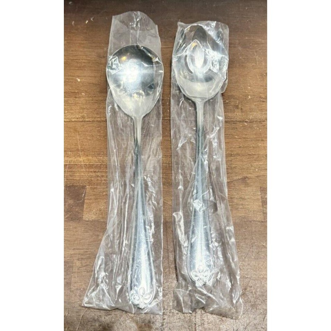 NOS Reed & Barton Stainless Flatware RIBBON CREST 2pc Salad Serving Set ...