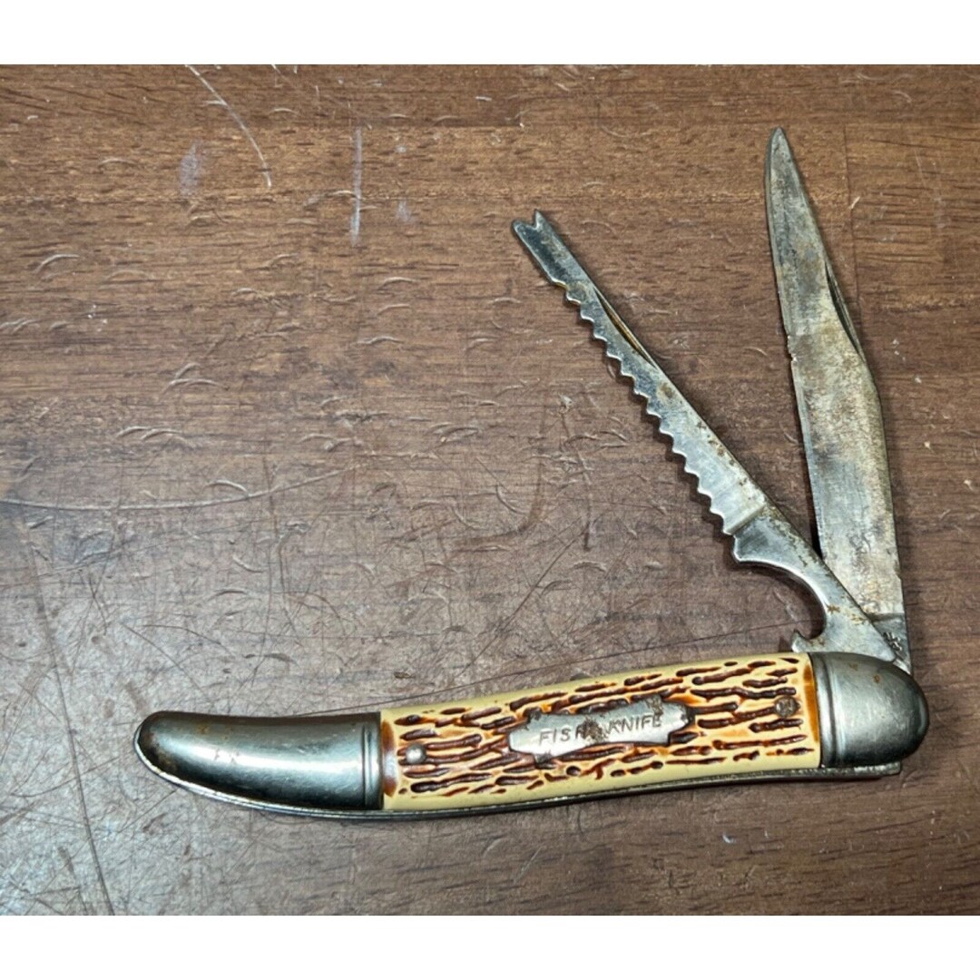 Vintage Colonial Prov. USA 2 Blade Fish Knife Stag Pocket Knife great Gift  Idea 