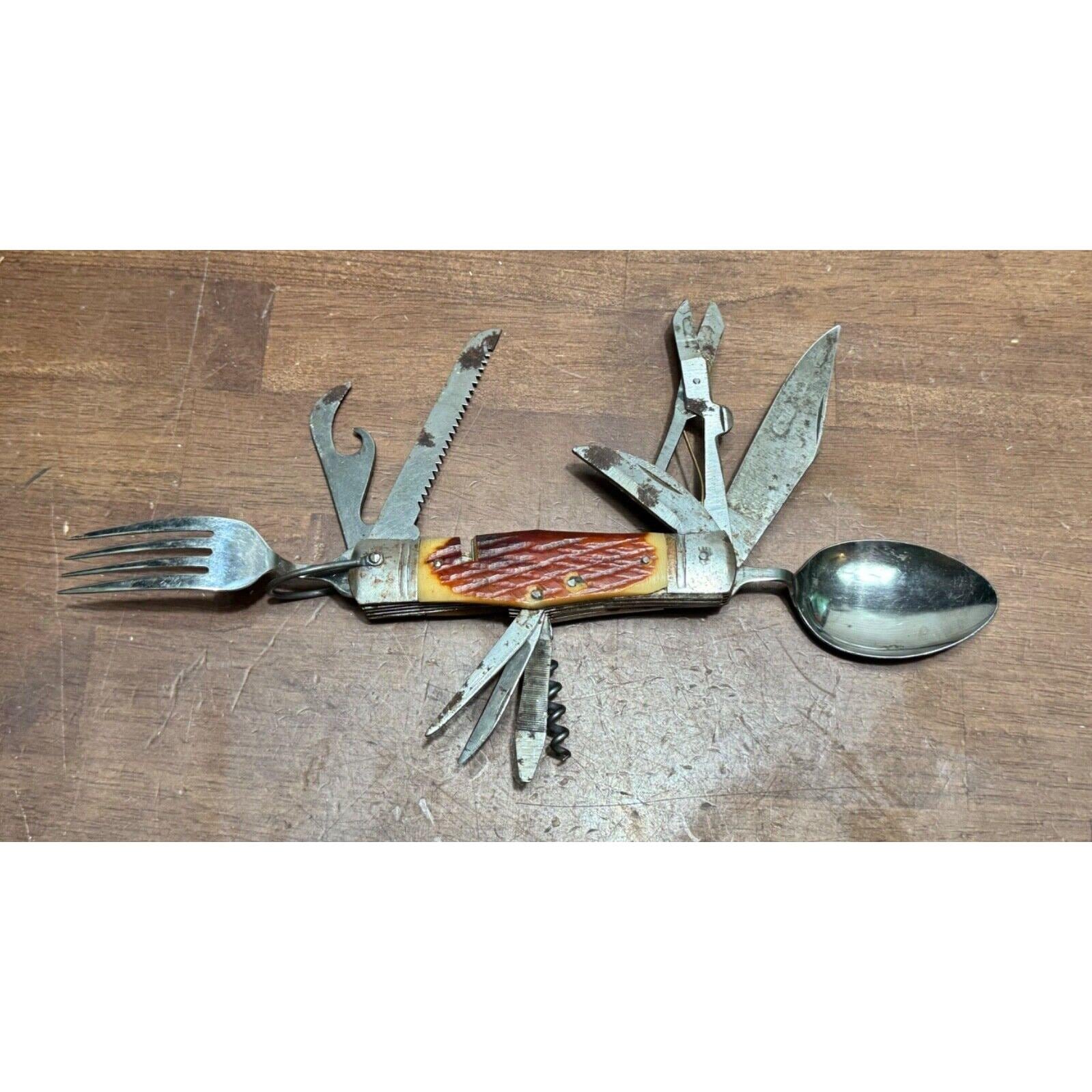 Vintage Hobo Knife Stag Handle Spoon Fork Blades Scouts