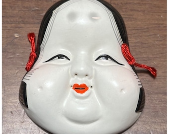 Vintage Japanese Mask Kabuki old lady  Small Wall Hanger Decor In Original Box *Great Gift Idea*