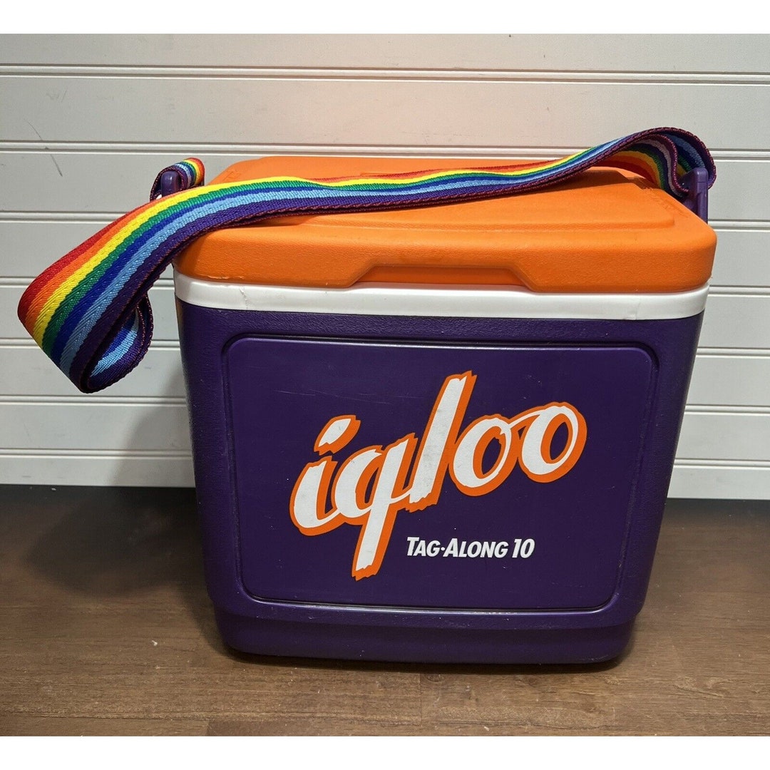 VTG 90s Igloo Tag Along 10 Cooler Purple & Orange W/ Rainbow Strap