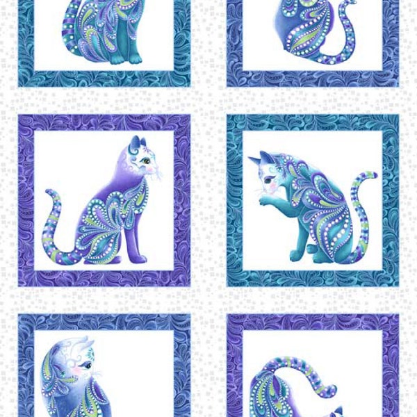 Panel White/Multi Pearlescent - Cat-I-Tude Singing the Blues - 100% Cotton Quilting Patchwork Fabric