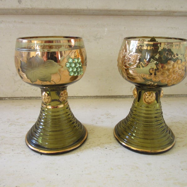 2 GERMAN ROEMER GLASSES - engraved, Rudesheim a.Rh. , Traben Trarbach, sparkling rhinestones, retro, vintage