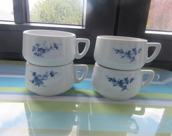 4 tazas de café La PORCELAINE DE BAUDOUR expresso blanco/azul de mediados de siglo, vintage +++