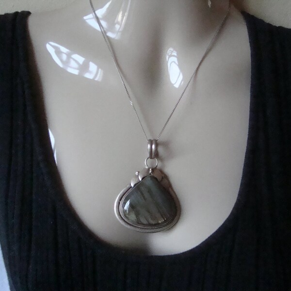 AGATE STERLING SILVER Pendant Vintage Retro Modernist
