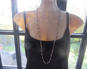 Vintage MONET LONG fine NECKLACE, skinny, gold plated with black and white faux pearls/beads, very versatile, collectible