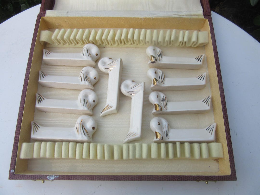 10 Knife Rests, Art Deco, White and Gold Porcelain, Hand Painted, Duck ...
