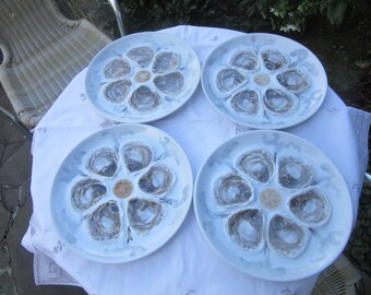 Sale : 4 St Amand Pottery France Oyster Plates, signed, handpainted, faience, kitchenalia, seafood, 3D impressions of oyster shells ***