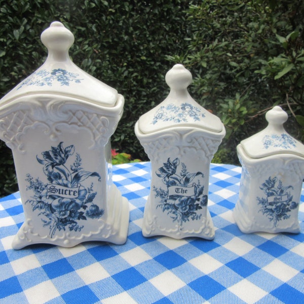 3 Delft blue & white French storage jars, canisters, lidded pots Sugar(Sucre),Tea (The) and Salt (Sel) signed,vintage,collectibe, rare* ***