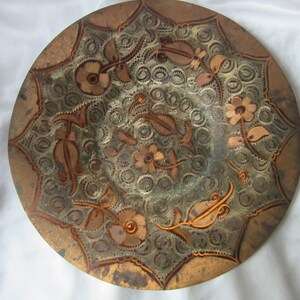 Vintage Hand Stamped Repousse Copper Plate 11 Diameter with Bird Designs,  Possibly Egyptian Made