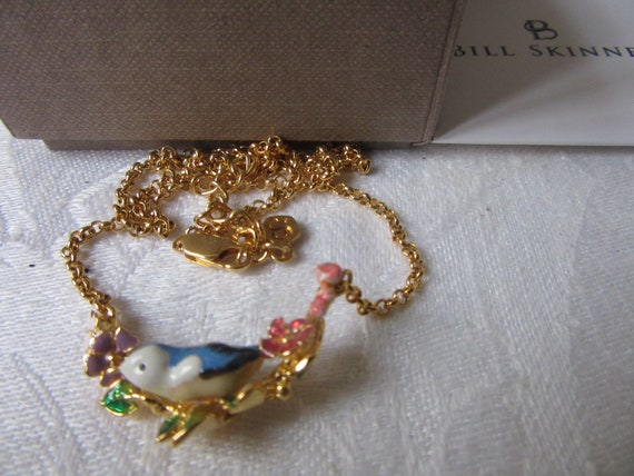BILL SKINNER Necklace pendant 18k Gold Plate Enamel Bird on