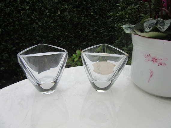 VAL ST LAMBERT Pair of Modernist Clear Crystal Mini Vases, signed,  iconic design, 1 of them with label, collectible ***
