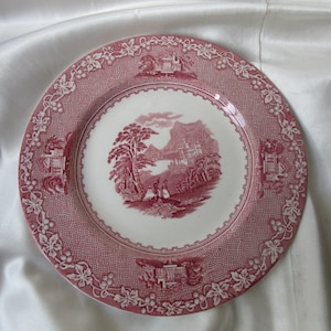 May include: A pink and white ceramic dinner plate with a floral border and a central image of a landscape with a mountain and trees.