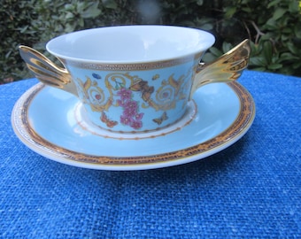 ROSENTHAL VERSACE Le Jardin de Versace - Soup Bowl with handles & Saucer -Gold and pale blue decor-vintage - very rare - not available to US