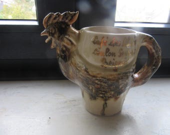 Ceramic Rooster Cockerel Jug Pitcher, hand painted, Cafe des Allies, Coulon Georges, Beignee,  collectible, vintage  +++