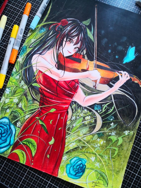 anime girl playing violin in red dress
