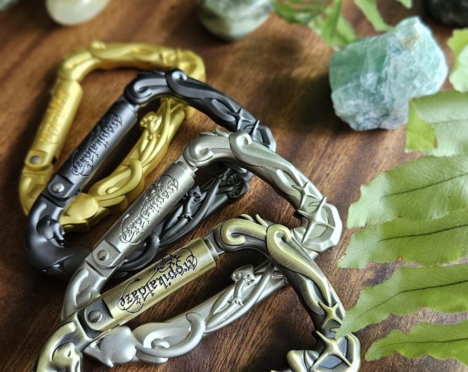 Magickal Nights Cat Carabiner:  Bright Silver, Antique Gold, Yellow Gold, Gunmetal Grey Metal Alloy