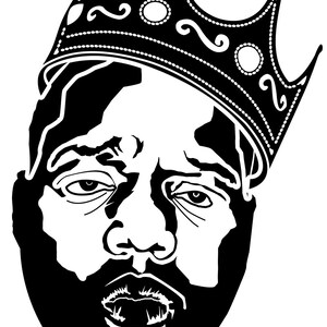 May include: Black and white illustration of a person wearing a crown. The person has a beard and mustache and is looking straight ahead.