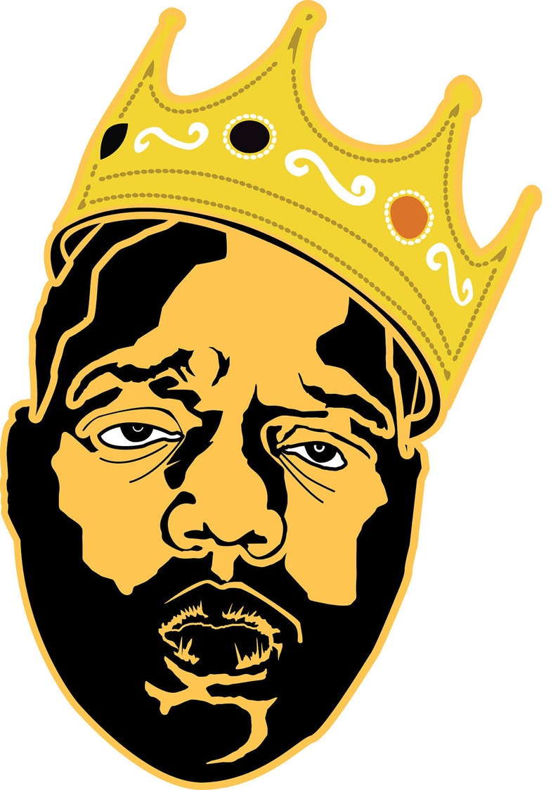 May include: A black and yellow illustration of a person wearing a gold crown. The person has a beard and is looking straight ahead.