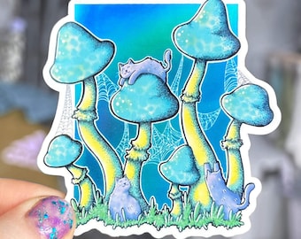 Cute Holographic Mushroom Cat Vinyl Stickers