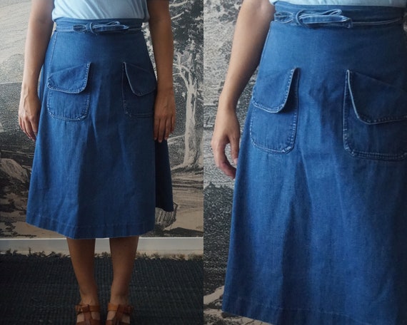 Vintage JAG Denim Wrap Apron Skirt 1970s Small to