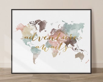 World Map wall art, Personalised map print, world map poster, Adventure Awaits, Wanderlust, Unique gift, ArtPrintsVicky