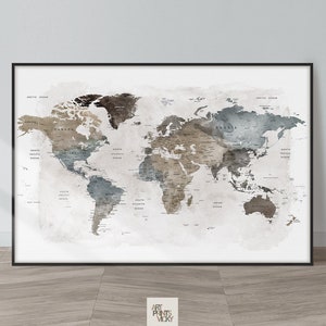 World Map Wall Art Large World Map Poster Detailed Map Canvas Wall Map Print Framed Personalised Map ArtPrintsVicky Earth Tones