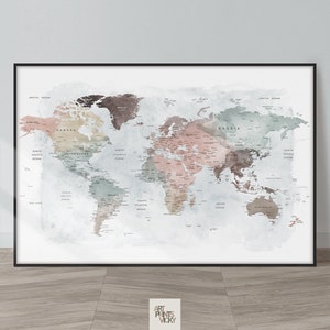 World Map Wall Art Large World Map Poster Detailed Map Canvas Wall Map Print Framed Personalised Map ArtPrintsVicky Pastel Tones