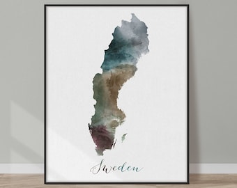 Sweden map, Sweden map poster, print, Sweden watercolour map, wall art, travel poster, office decor, gift, home decor, ArtPrintsVicky