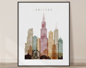 Chicago print, Chicago art, Chicago skyline, poster wall art, Illinois, gift, watercolor print, ArtPrintsVicky