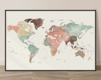 World map, World map poster, World map wall art, Detailed world map print, Large world map, travel map, gift, ArtPrintsVicky