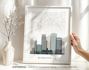 Minneapolis Map and Skyline Print in Cool Earth Tones | ArtPrintsVicky
