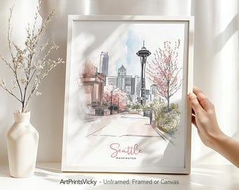Seattle print | Wall art poster skyline drawing | Home and office travel decor | ArtPrintsVicky