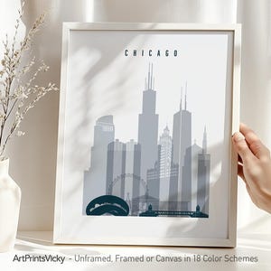 Chicago Skyline Art Print: Minimalist Grey Blue Palette, Travel Gift